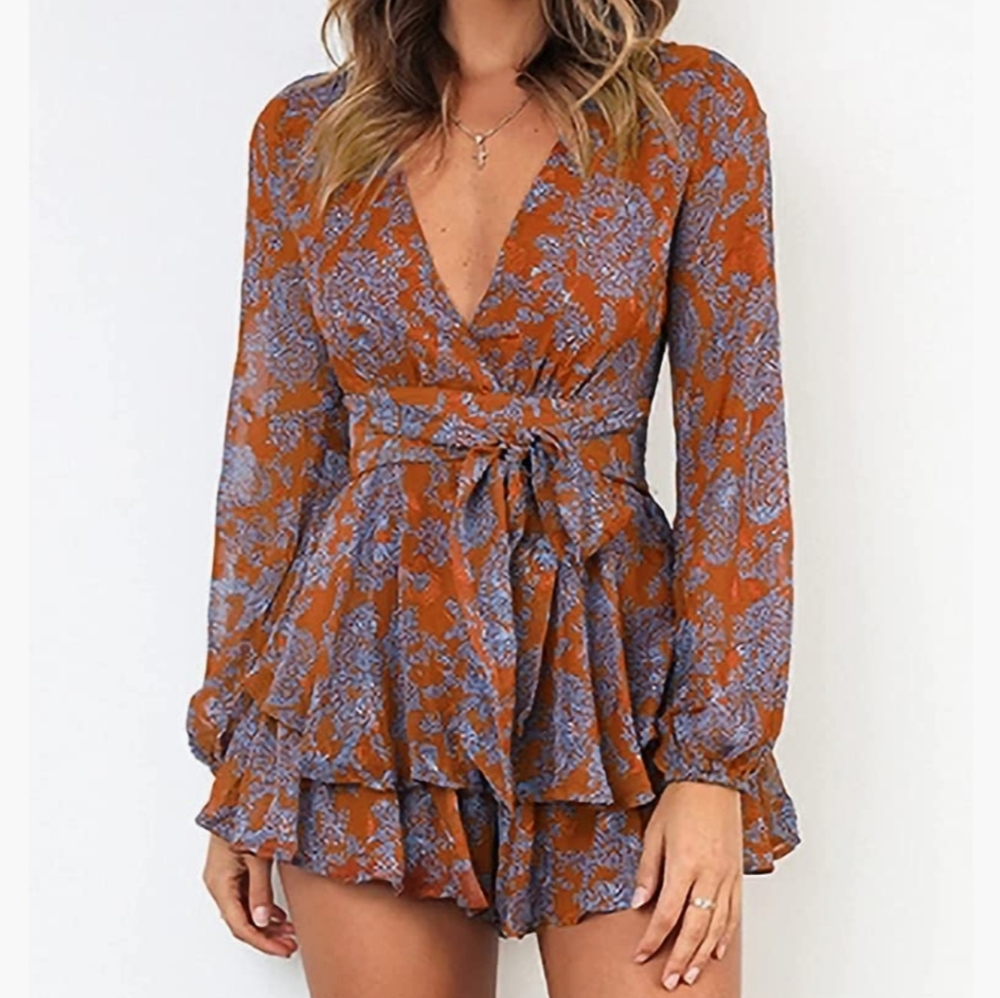 long sleeve ruffle hem floral romper